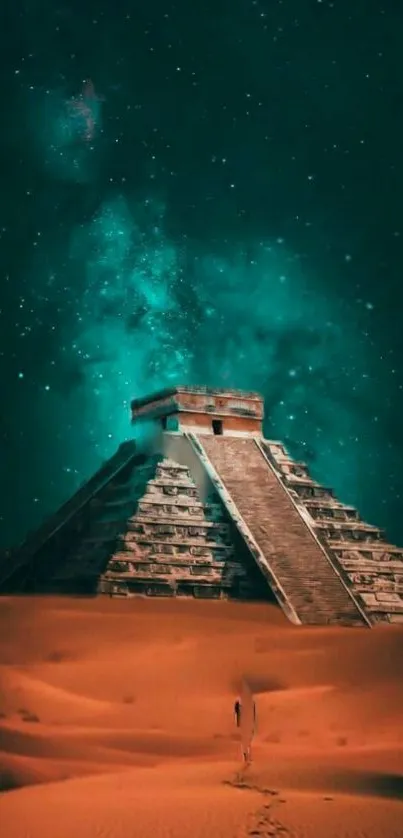 Mystical pyramid under teal starry sky in desert landscape.