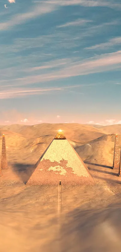 Desert pyramid and obelisks under a clear sky.