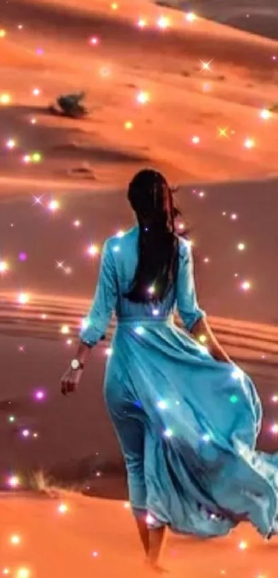 Woman in blue dress walks through a mystical, sparkling desert landscape.