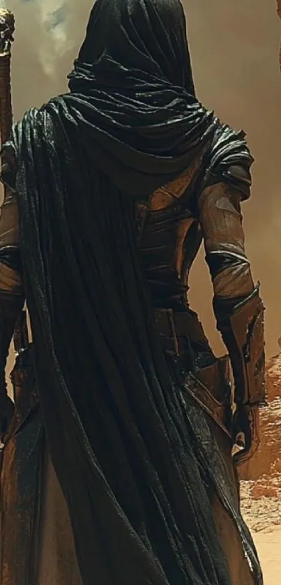 Hooded figure in detailed armor in a desert setting.