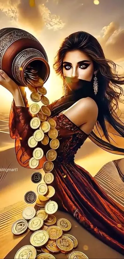 Mysterious woman pours golden coins in desert art.