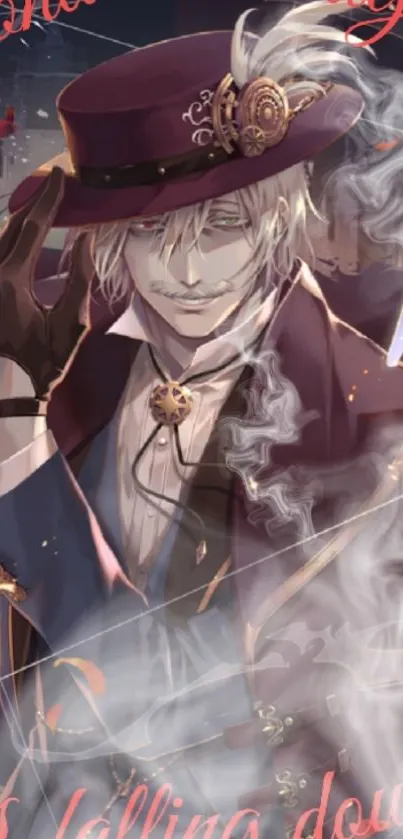 Mystical anime detective in vintage attire with smoke and a dark red background.