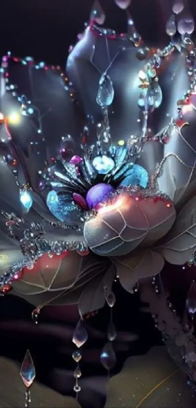 Mystical flower with dewdrops in a dark, vibrant setting.