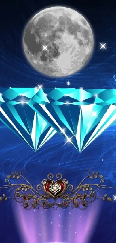 Mystical night sky wallpaper with diamonds and moon, highlighted in blue hues.