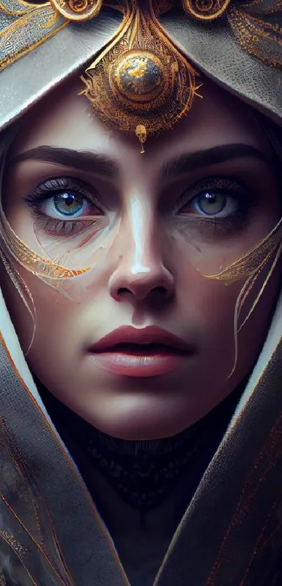 A mystical digital art portrait with golden details and a captivating gaze.