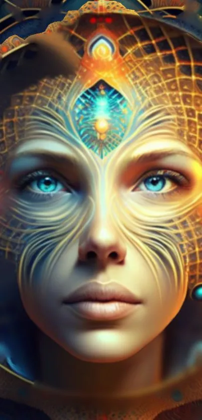 Mystical digital artwork with warm golden hues and intricate patterns.