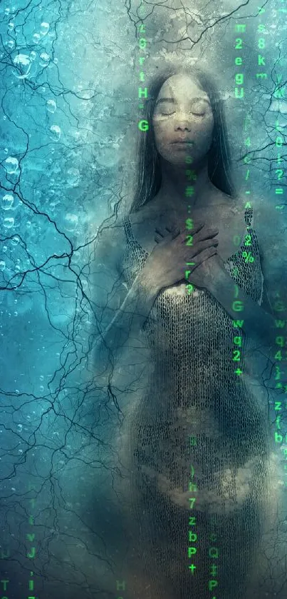 Mystical digital art wallpaper with serene figure and green code.