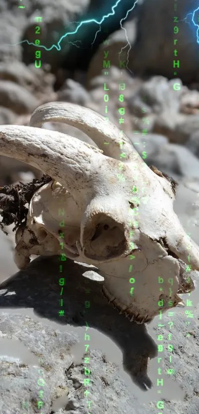 Goat skull on rocks with digital rain and lightning effects.