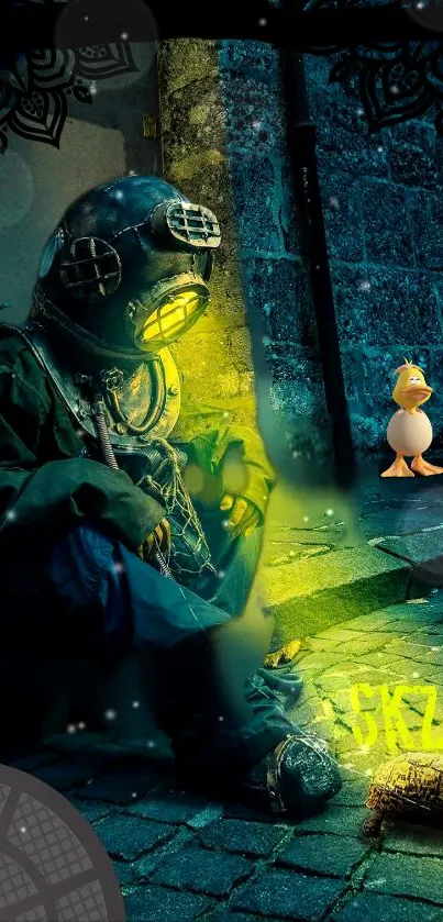 Dark, whimsical wallpaper featuring a diver and duck family in an urban scene.