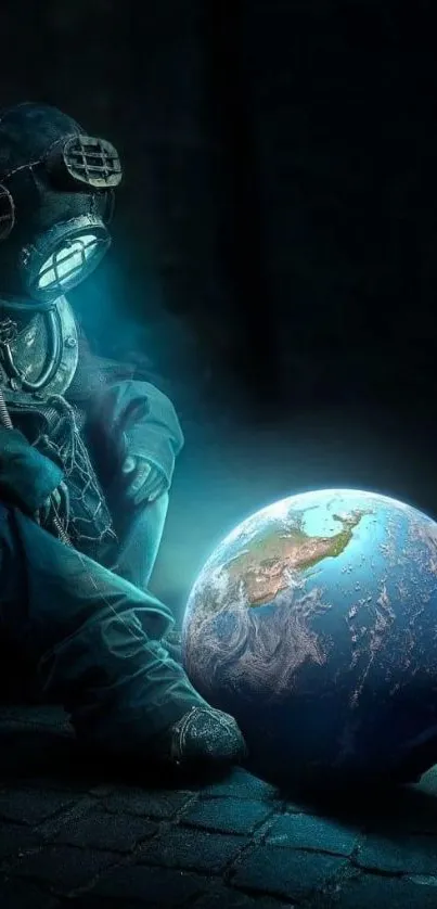 Mystical wallpaper with diver and glowing Earth in dark hues.