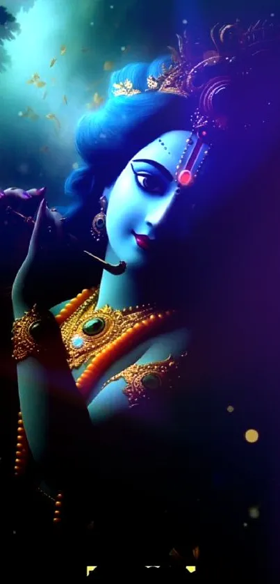 Mystical divine figure in vibrant blue with a flute.