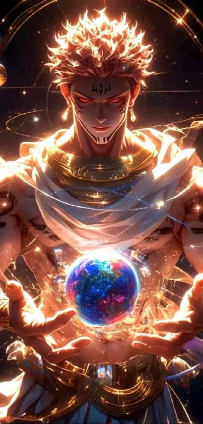 Divine anime character holding a glowing world.