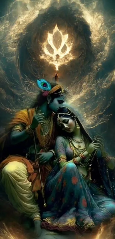 Mystical artwork of a divine couple in an ethereal, vibrant setting.