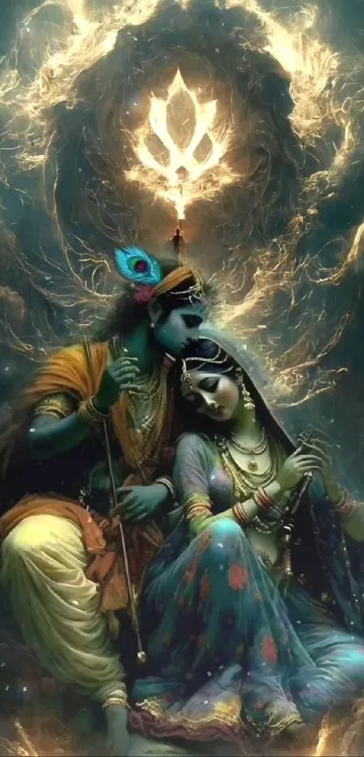 Mystical divine couple in an ethereal artwork with glowing details.