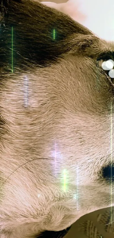 Close-up of dog's face with neon light effects.