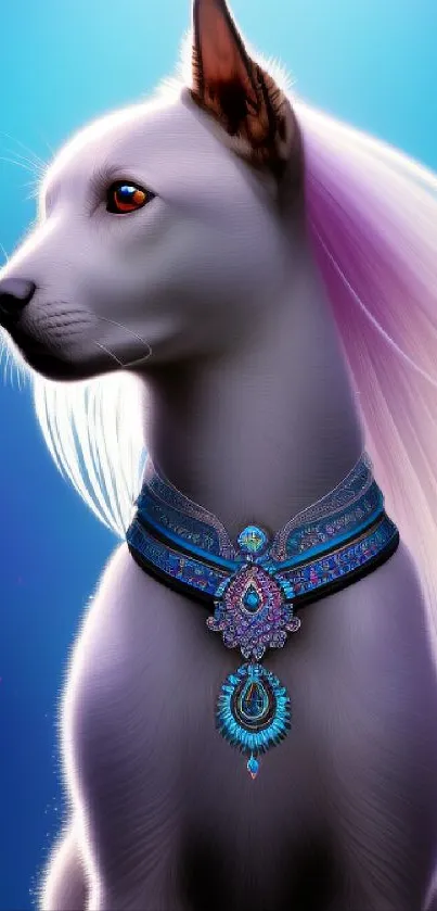 A mystical dog with a flowing mane and intricate jewelry on a blue background.