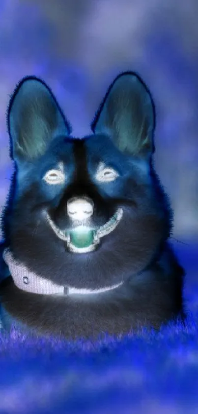 Mystical dog in a foggy blue-hued digital wallpaper.