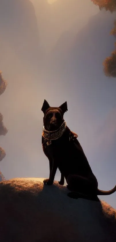 Dog silhouette on rocky terrain at sunset with mountains.