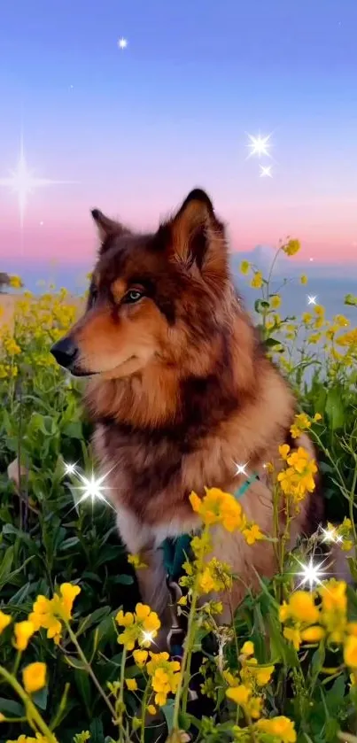 Mystical dog amidst yellow wildflowers with sparkles at sunset.