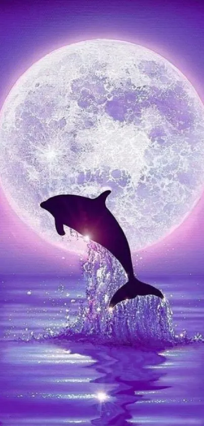 Dolphin silhouette in purple moonlit ocean