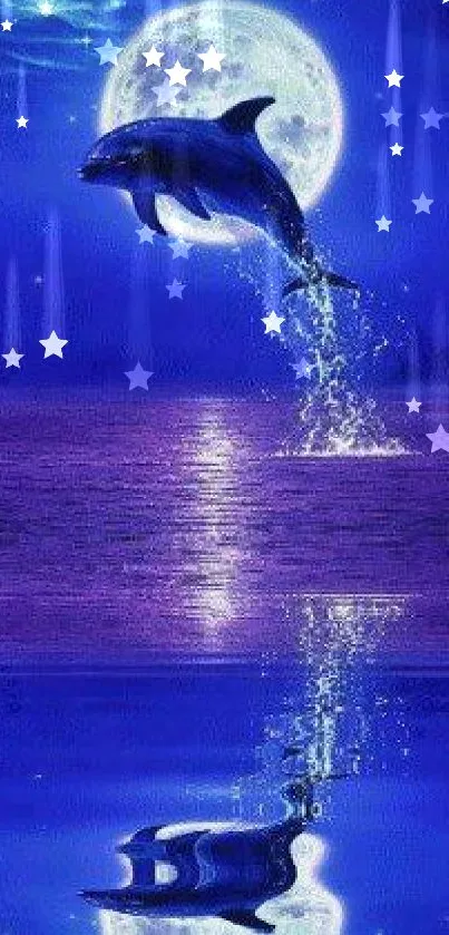 Dolphin leaping under a full moon in a mystical blue night scene.