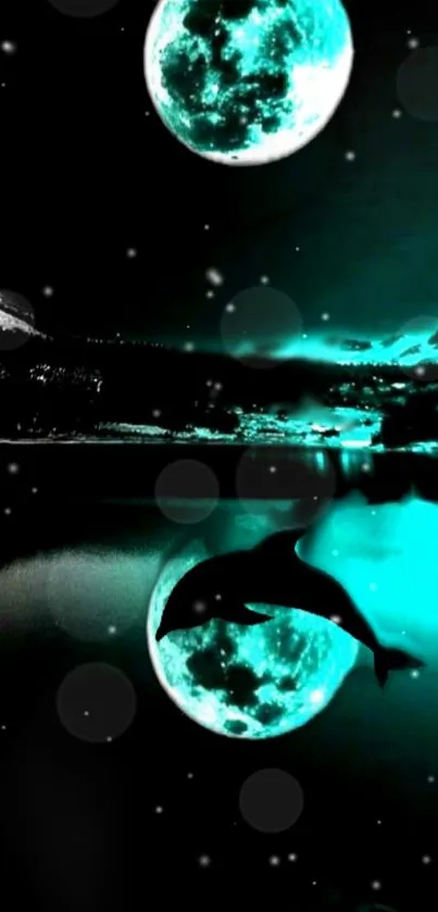 Dolphin leaps in turquoise moonlight over serene lake.