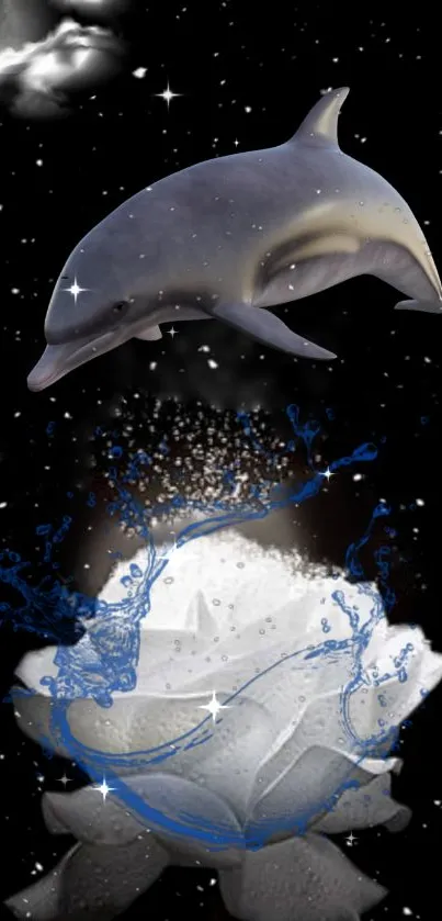 Dolphin swimming over a glowing white rose in a mystical night scene.