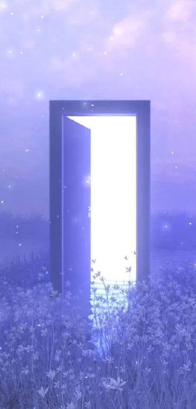 Ethereal door in a lavender field at dusk, casting a mystical glow.