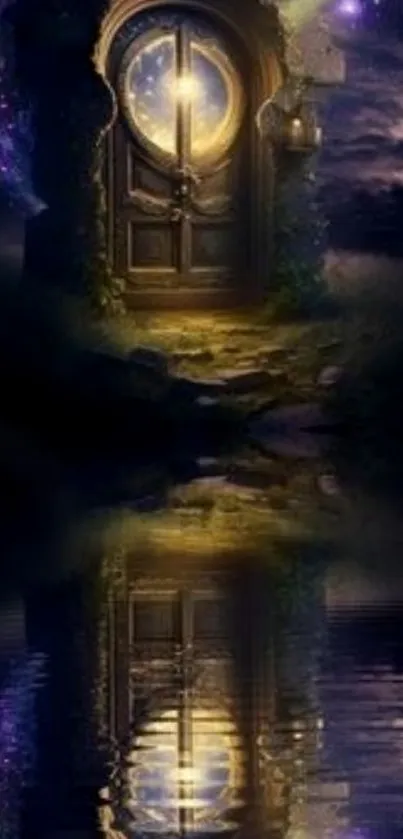 Mystical door with reflection in water under a star-filled night sky.