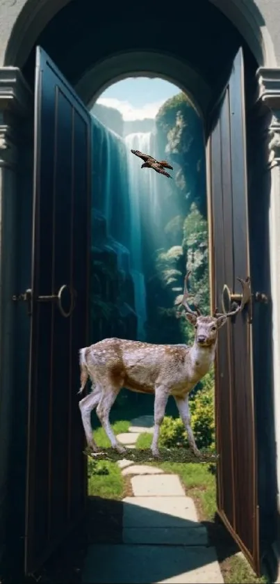 A deer by a mystical door with a waterfall and bird in a lush forest scene.