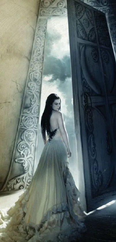 A woman in a gown stands by an ornate doorway under a mystical, dark blue sky.