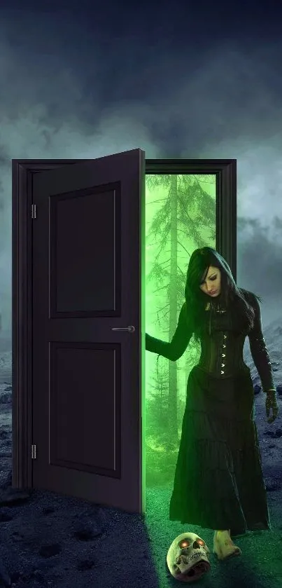 Mystical green door opens to enchanted forest with mysterious figure.