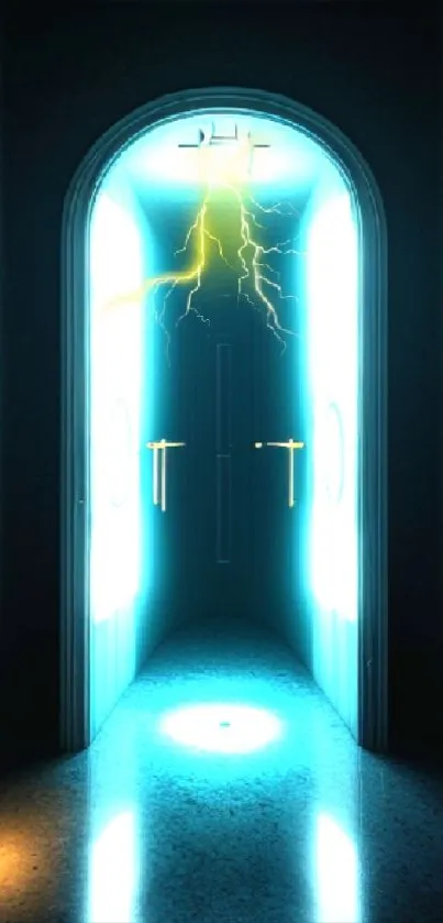 A glowing mystical doorway with lightning effect, perfect for a mobile wallpaper.