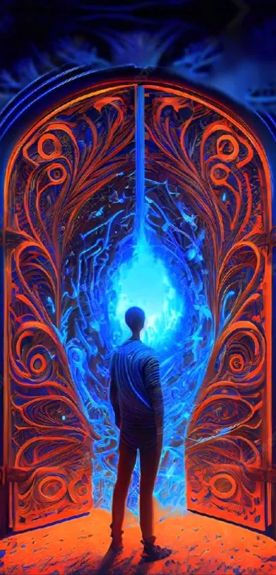 Mystical doorway with vivid colors and glowing blue aura on phone wallpaper.