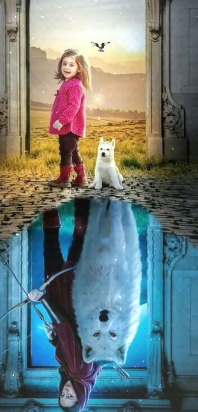 Magical scene with child, wolf, and reflection in a doorway.