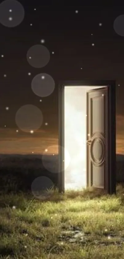 Enchanting doorway in a field at dusk, glowing with mysterious light.