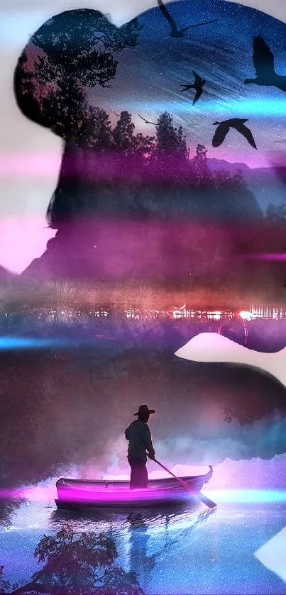 Mystical silhouette art with purple hues and water reflection.