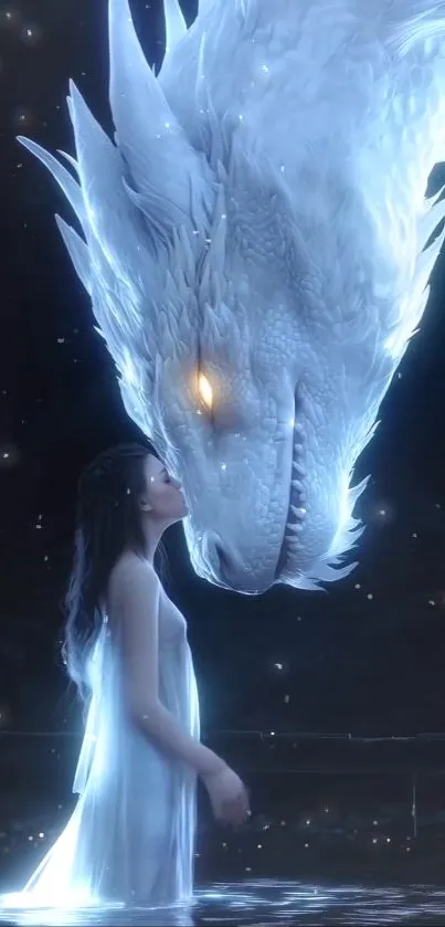 A serene girl touching the nose of a mystical white dragon in fantasy art.