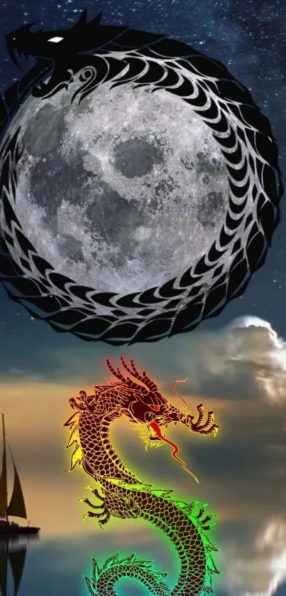 Mobile wallpaper featuring a dragon below a moon with a starry night sky.