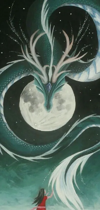 Mystical dragon encircles a glowing moon in the night sky.