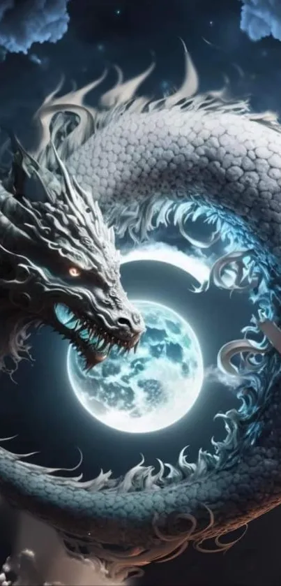 Mystical dragon encircling a luminous moon in fantasy art wallpaper.