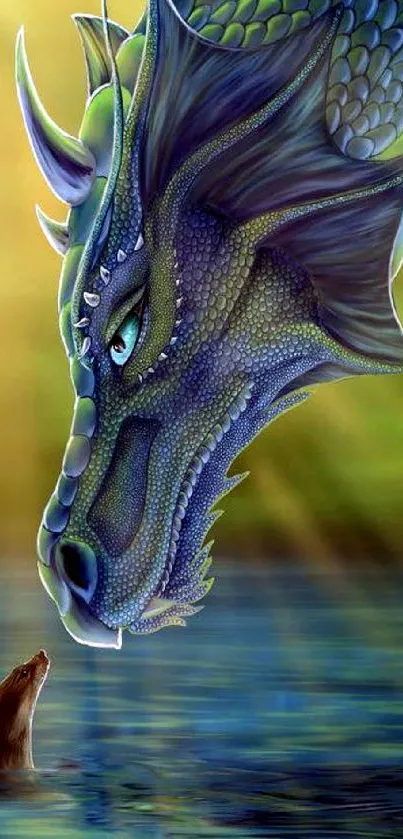 Fantasy dragon and otter in water, mystical scene.