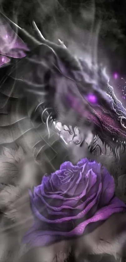 Mystical dragon with a purple rose in fantasy art.