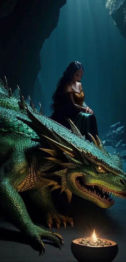 Majestic dragon with sorceress in a mystical cave setting.