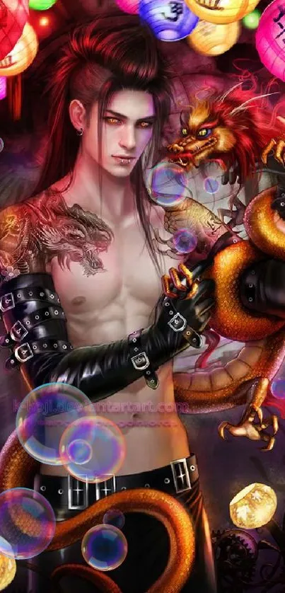 Mobile wallpaper featuring a tattooed warrior with a dragon and colorful lanterns.