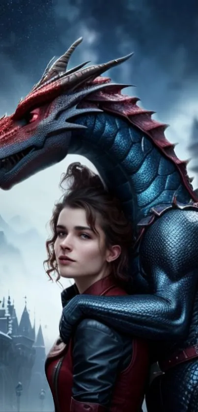 Digital art of a dragon with a woman in a gothic cityscape background.