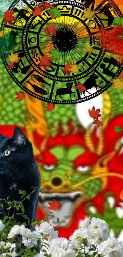 Mystical wallpaper with zodiac, cat, and dragon.