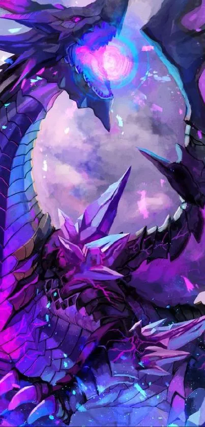 Mystical purple dragon with blue hues in fantasy art wallpaper.