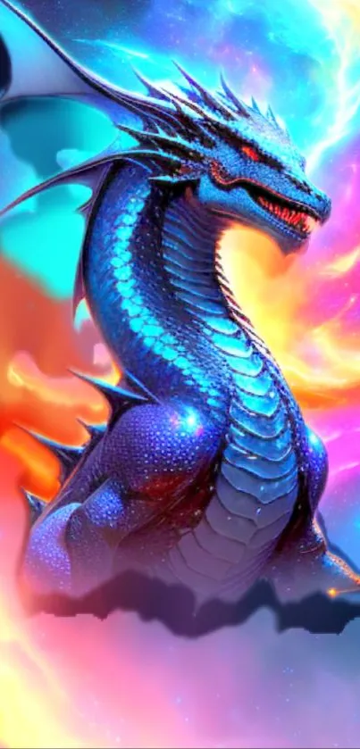 Vibrant blue dragon with fiery background.