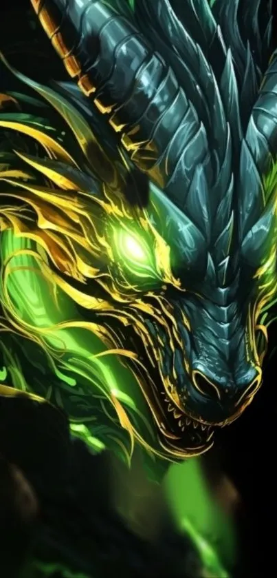 Mystical dragon with green and gold glow radiates power and mystery.